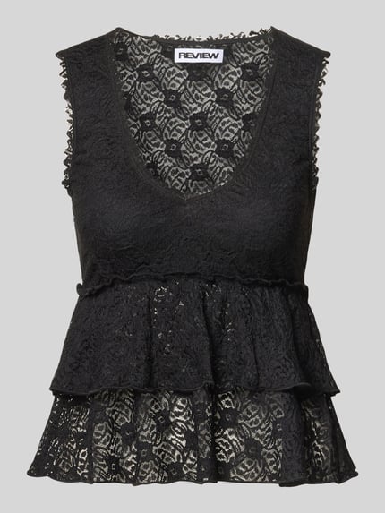 Produktfoto, Top aus Spitze mit V-Ausschnitt von REVIEW, Schwarz, transparent, Material-Mix mit Stretch-Anteil, Slim-Fit, Rückenlänge 50 cm bei Größe S