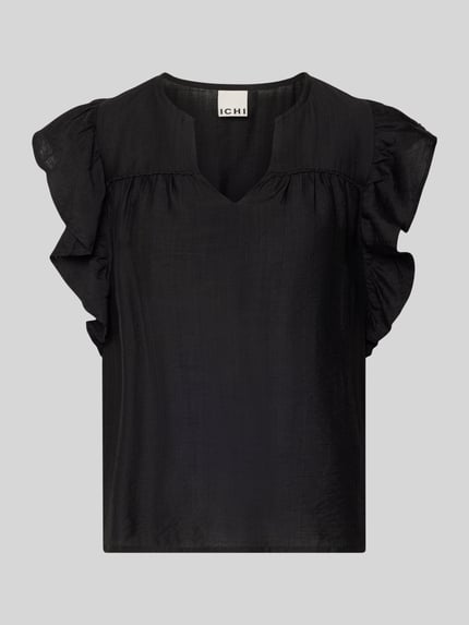 Productfoto, Bluse aus Viskose-Mix mit Rüschen Modell 'HETTA' van ICHI, rechte fit, Serafino-hals, zwarte stof, korte mouw, lichte structuur