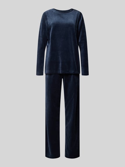 Produktfoto, Pyjama mit Rundhalsausschnitt und elastischem Bund von SCHIESSER in dunkelblauem Baumwoll-Mix, Loose Fit, samtige Textur