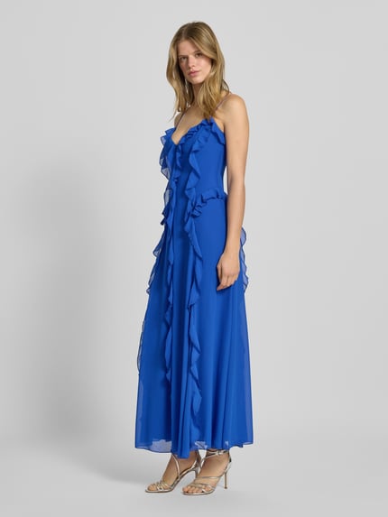 Bardot Avondjurk met V-hals en volants, model 'VERIS' Koningsblauw - 1