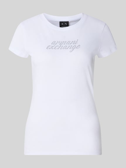 Produktfoto, weißes T-Shirt mit Ziersteinbesatz, Rundhalsausschnitt, Logo, aus Reine Baumwolle, Slim-Fit, Damen T-Shirt von Armani Exchange