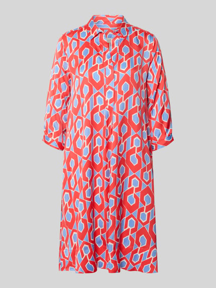 Produktfoto, Knielanges Hemdblusenkleid mit V-Ausschnitt von Milano Italy, Wiskoza, linia A, długość do kolan, wzór na całej powierzchni, kołnierzyk koszulowy, dekolt w serek, długość tyłu w rozmiarze 36: 98 cm, szerokość w rozmiarze 36: 54 cm, długość rękawów w rozmiarze 36: 43 cm