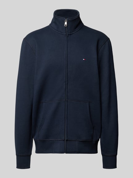 Produktfoto, Regular Fit Sweatjacke aus Baumwoll-Mix von Tommy Hilfiger, Unifarben, Reißverschluss, Label-Stitching-Applikation, Stehkragen, Langarm, elastischer Ärmel- und Rumpfabschluss, seitliche Eingrifftaschen, Material: Baumwoll-Mix