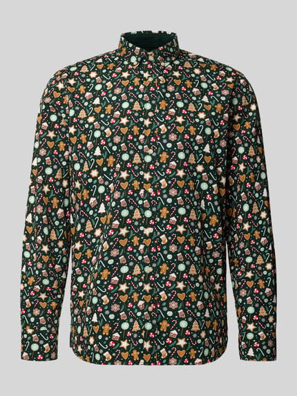 Produktfoto, Regular Fit Freizeithemd mit Button-Down-Kragen im Allover-Look von Montego aus reiner Baumwolle, bunt gemustert auf dunklem Grund.