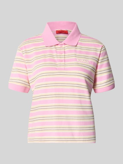 Produktfoto, Regular Fit Poloshirt aus reiner Baumwolle Modell 'MANDARE' von MAX&Co., mehrfarbig gestreift, Label-Schriftzug, Polokragen, V-Ausschnitt, verdeckte Knopfleiste, Kurzarm, gerippter Ärmelabschluss, Seitenschlitze am Rumpfabschluss, Feinripp-Struktur.
