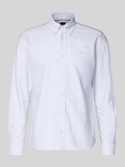 Produktfoto, Slim Fit Freizeithemd aus reiner Baumwolle Modell 'H-ROAN' von BOSS mit feinen Streifen in Hellblau und Weiß, Logo-Stitching, Button-Down-Kragen, durchgehender Knopfleiste, langarm, Sportmanschette, glatte Baumwollstruktur