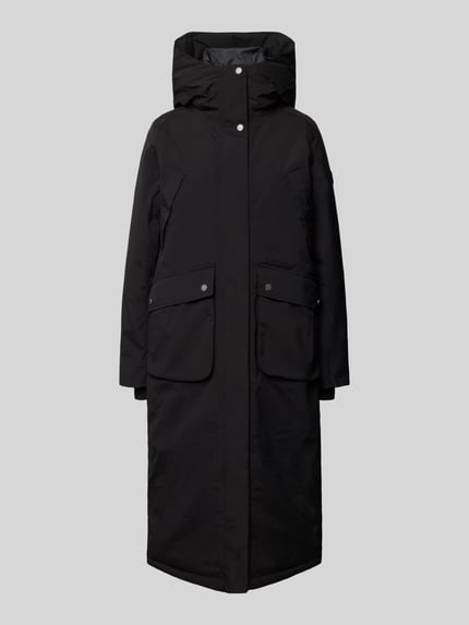 Produktfoto, Regular Fit Parka mit Kapuze Modell 'Melody' von Didriksons, schwarz, aufgesetzte Taschen, glatte Textur, elastische Ärmelabschlüsse