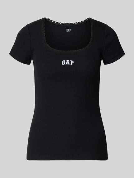 Produktfoto, zwart 'T-Shirt mit Logo-Stitching' van GAP, aansluitende pasvorm, ronde hals, katoenmix met stretch, logostiksel, ruglengte 57 cm