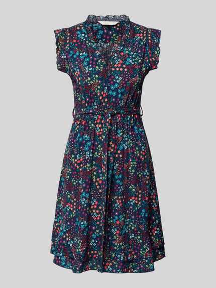 Produktfoto, Minikleid aus reiner Viskose mit floralem Allover-Print von Apricot, taillierte Passform, V-Ausschnitt, ärmellos, Rüschenbesatz, Knopfleiste, abnehmbarer pasek, długość tyłu w rozmiarze S: 89 cm, szerokość w rozmiarze S: 37 cm, wielokolorowe kwiaty, miękka faktura, wyraźne kształty