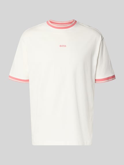Produktfoto, Regular Fit T-Shirt aus reiner Baumwolle Modell 'TE_BLOCKS' von BOSS Orange, Herren T-Shirt in Offwhite mit Label-Stitching-Applikation, Rundhals, Kurzarm, gerippte Abschlüsse, Jersey, Vorderansicht