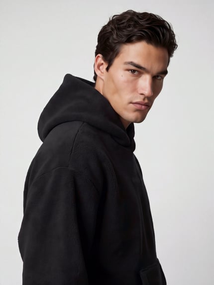 Męski model nosi Regular Fit Sweatshirt mit Teddyfleece-Kapuze od BOSS Green, jednolity kolor, kieszeń kangurka, kaptur, materiał fleece i ściągacz, detal logo, długość longline, krój regular fit, zdjęcie z przodu w półzbliżeniu.