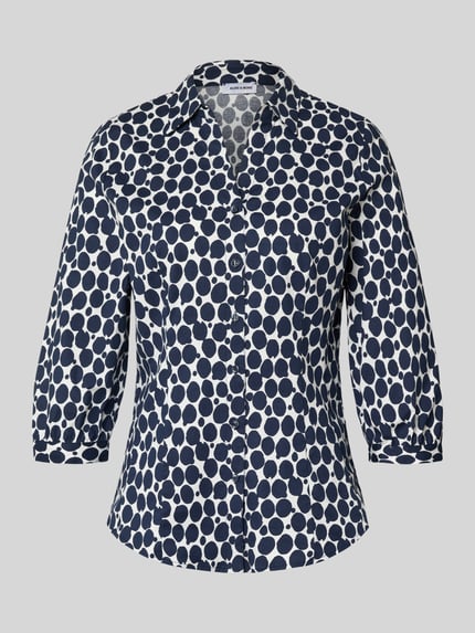 Produktfoto, Regular Fit Bluse mit V-Ausschnitt und 3/4-Arm von More & More im Allover-Look, Baumwoll-Elasthan-Mix, dunkelblau-weiß
