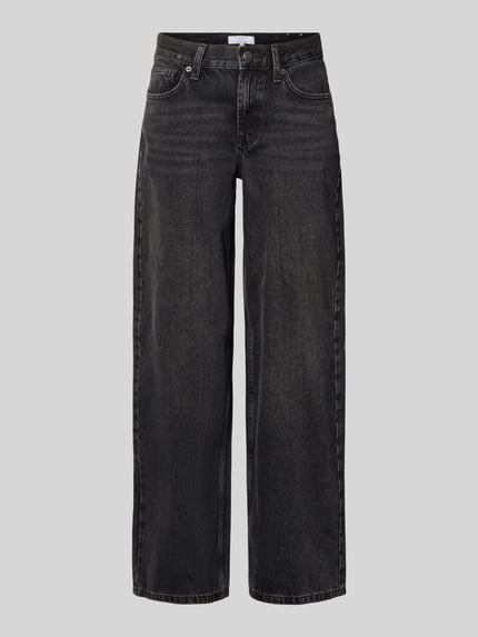 Produktfoto, Wide Leg Jeans im 5-Pocket-Design Modell 'INCH' von Topshop aus schwarzem Baumwoll-Mix mit Wide-Fit, gleichmäßige Waschung, sichtbare Knopf- und Reißverschluss-Details, Maße: Bundweite 38 cm, Innenbeinlänge 78 cm.