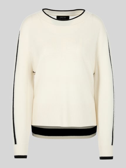 Produktfoto, Pullover aus Wolle Alpaka mit Strukturlogo von Marc Cain, meliert, krój relaxed fit, longline, logo-detail, kontrastowe paski, dzianinowa faktura, okrągły dekolt, długie rękawy, prążkowane wykończenia, boczne rozcięcia