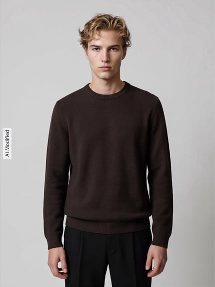 Męski model nosi Regular Fit Pullover aus reiner Baumwolle od Marc O'Polo DENIM, głęboki brąz, gładka faktura, Ganzkörperansicht von vorne, KI-modifiziertes Bild.