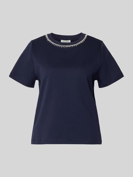 Produktfoto, T-Shirt mit Perlen und Ziersteinbesatz van Christian Berg Woman in diepblauw, puur katoen, regular fit, ronde hals, ruglengte maat S 53 cm
