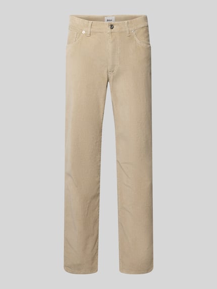 Produktfoto, beżowe spodnie sztruksowe z mieszanki bawełny, proste nogawki, widoczna struktura sztruksu, Straight Fit Cordhose aus Baumwoll-Mix Modell 'Mythos Flex Cord' von Brax, spodnie sztruksowe męskie