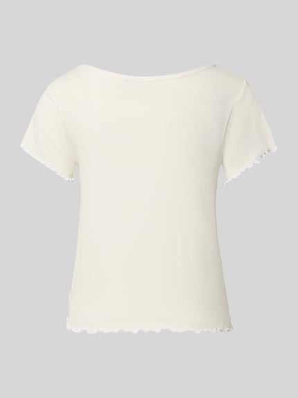 Produktfoto, Regular Fit Pyjama-T-Shirt aus Modal-Mix Modell 'HUGO HEART' von HUGO in Creme mit feiner Rippstruktur und gewelltem Saum, Damen Pyjama von HUGO
