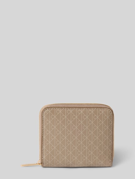 Produktfoto, Portemonnaie mit Allover-Logo-Print Modell 'Square' von CK Calvin Klein in Beige mit Hauptfach, Reißverschluss, Steckfächern innen