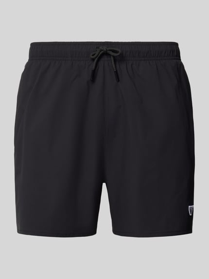 Produktfoto, Straight Fit Badeshorts mit Logo-Detail von Emporio Armani in Schwarz, elastischer Bund mit Tunnelzug, glatte Oberfläche