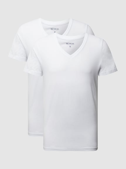 Produktfoto, T-Shirt mit V-Ausschnitt im 2er-Pack von MCNEAL in Weiß, schmal geschnitten, reine Baumwolle, glatte Textur, Slim Fit