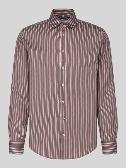Produktfoto, Slim Fit Businesshemd aus reiner Baumwolle Modell 'New Kent' von Seidensticker, braun mit weißen und blauen Streifen, glatte Textur