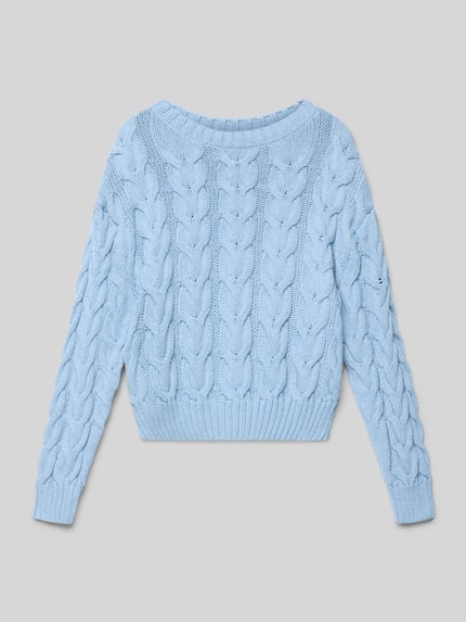 Produktfoto, Regular Fit Sweatshirt in Strick-Optik Modell 'Carli' von Mango, hellblau, Baumwoll-Mix mit Zopfmuster, Rückansicht.
