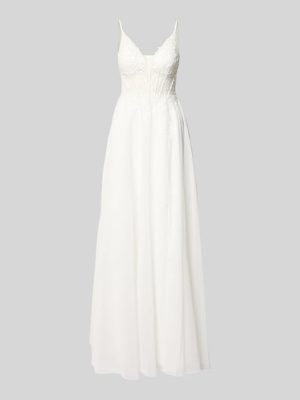 Produktfoto, Maxikleid aus Chiffon mit Stitchings und Gehschlitz von Luxuar, biały, długi fason, głęboki dekolt V, krój slim fit, szerokość w rozmiarze 36: 33 cm, długość tyłu 128 cm, teksturowany materiał