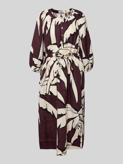 Produktfoto, Midikleid aus reinen Leinen mit floralem Allover-Print von Christian Berg Woman, bordowe i kremowe wzory, taliowany krój, okrągły dekolt, rękaw o dł. 3/4, listwa guzikowa, długość tyłu 122 cm, szerokość w rozmiarze 36: 50 cm, długość rękawów 45 cm, wyrazista faktura lnu