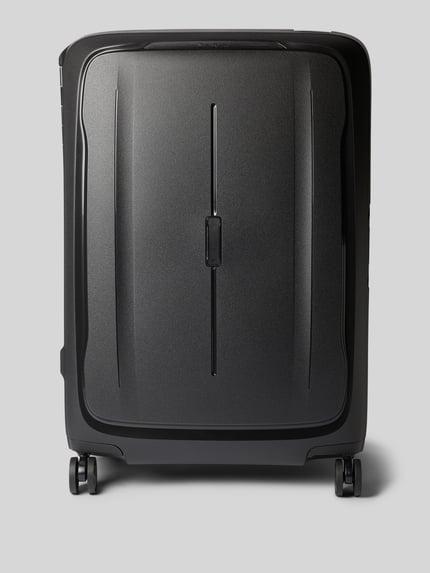 Produktfoto, Koffer mit Logo-Detail Modell 'Spinner' von Samsonite in Schwarz, Hardshell-Oberfläche, glatte Struktur, Rechteckform, Reißverschluss, 71x48x30 cm.