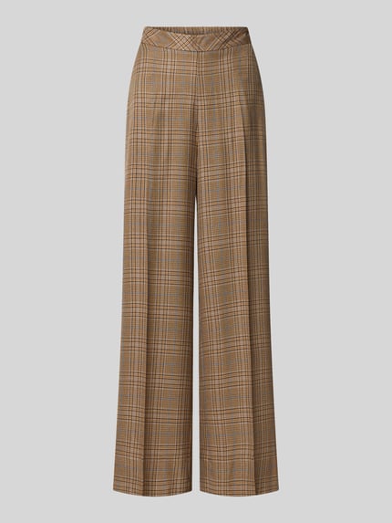 Produktfoto, stoffen broek van MOS MOSH, Model 'Mie Kalif', mix van viscose en wol, relaxed fit, steekzakken, bandwijdte maat 36: 38 cm, binnenbeenlengte maat 36: 83 cm, bruingele ruit, gladde textuur