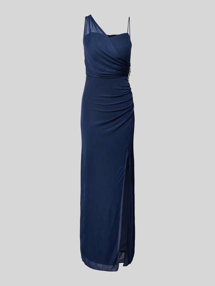 Christian Berg Cocktail Abendkleid mit Raffungen und Ziersteinbesatz Dunkelblau 2