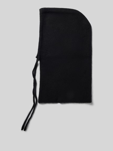 Produktfoto, Balaklava mit Kapuze von PIECES, unifarben, czarna dzianinowa struktura, kaptur z troczkami, materiał dzianinowy