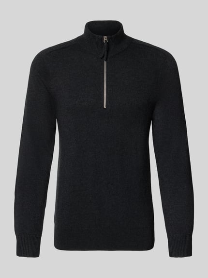 Produktfoto, Regular Fit Strickpullover aus reinem Kaschmir mit Troyer-Kragen von FTC Cashmere, czarny, gładka dzianina, prążkowane wykończenia, krój regular fit, kołnierz zapinany, długość tyłu w rozmiarze 50: 68 cm, długość rękawów w rozmiarze 50: 67 cm