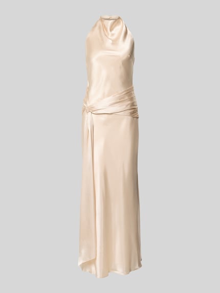 Produktfoto, Abendkleid mit Neckholder Modell 'Abby' von Forever New aus beigem Satin, figurbetonter Schnitt, Maxilänge, glatte Textur