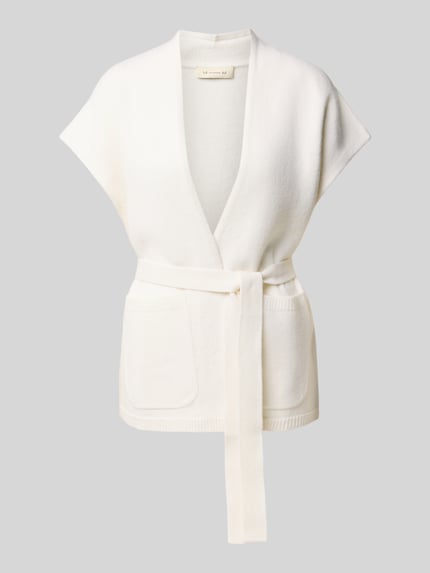 Produktfoto, cremeweiße Regular Fit Strickjacke aus reiner Schurwolle Modell 'FAVILLA' von MM by Max Mara, Kurzarm, Bindegürtel, aufgesetzte Taschen, glatte Textur