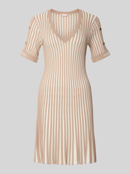 Produktfoto, Minikleid mit gerippten Abschlüssen von LIU JO SPORT, Viskose-Mix, tailliert, beige-weiße Streifen, Label-Print am Ärmel