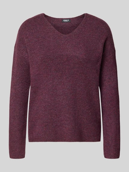 Productfoto, regular fit pullover met v-hals model 'CAMILLA' van ONLY in donkerrode tinten, grof gebreide textuur, Dames pullover