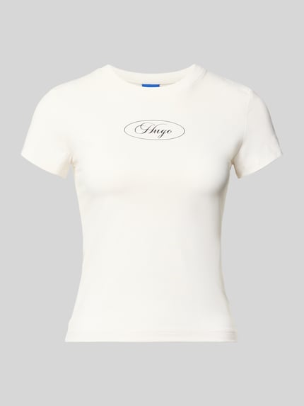 Produktfoto, kremowe Regular Fit T-Shirt aus Baumwoll-Mix Modell '90 s TEE_B' od Hugo Blue dla kobiet, gładka faktura, czarne logo na piersi