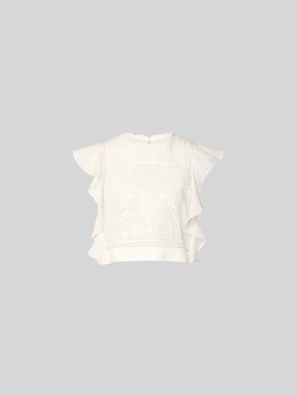 Productfoto, Crop Top mit Spitzen-Anteil van Self-Portrait, witte stof met structuurpatroon, rechte fit, ronde hals, mouwloos design