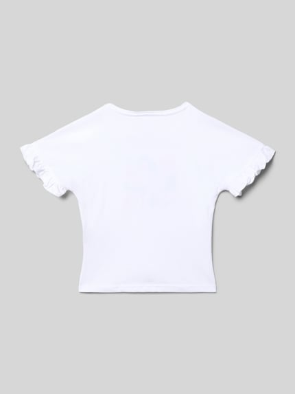 Produktfoto, Regular Fit T-Shirt mit Motiv-Print von Blue Seven, Kinder T-Shirt aus Reine Baumwolle mit Zierbesatz, Weiß, Rundhalsausschnitt, Rückenlänge 43 cm bei Größe 116