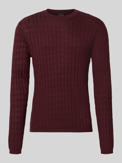 Produktfoto, Strickpullover mit Struktur-Muster von Emporio Armani in Dunkelrot, Material-Mix mit Woll-Anteil, taillierter Schnitt, Rundhalsausschnitt