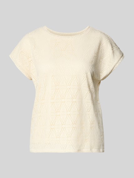 Produktfoto, Regular Fit T-Shirt in Ajour-Strickoptik Modell 'MAYA' von Vero Moda, Damen T-Shirt mit Rundhals, Kurzarm, cremefarben mit feinem Ajour-Muster.