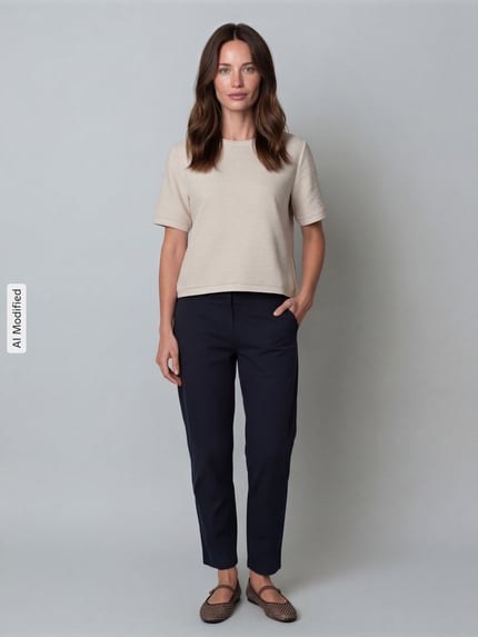 Frauenmodel trägt T-Shirt in Frotte-Optik mit Rundhalsausschnitt von Jake*s Collection, Farbe Beige, Boxy Fit, Material-Mix mit Baumwoll-Anteil, Ganzkörperansicht von vorne.