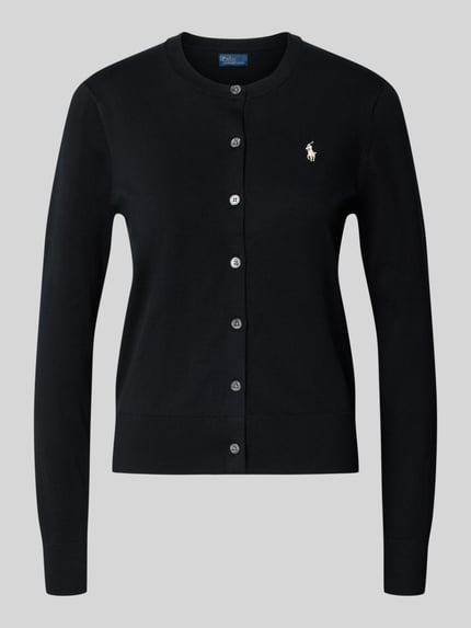 Produktfoto, schwarze Slim Fit Strickjacke aus Baumwoll-Mix von Polo Ralph Lauren, Damen Strickjacke, glatte Textur, silberne Knöpfe