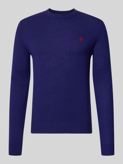 Produktfoto, Slim Fit Strickpullover aus reiner Wolle mit Label-Stitching von MCNEAL in Dunkelblau, gerippte Abschlüsse, Herren, schlichte Textur