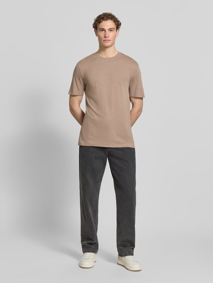 HUGO męski t-shirt o kroju regular fit z mieszanki lyocellu i lnu model 'DULEROSTEE' Jasnobrązowy 1