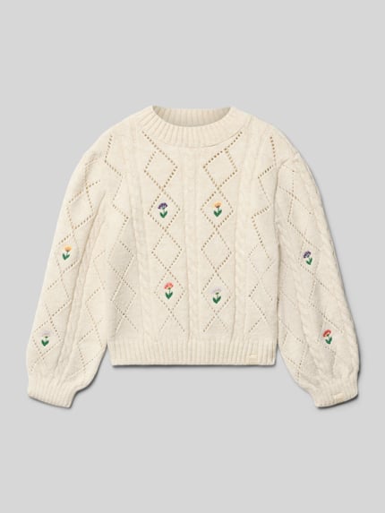 ONLY Sweter o kroju regular fit z ażurowej dzianiny model ‘FLOWER’ Écru 1