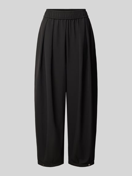 Produktfoto, schwarze Hose mit Bundfalten und elastischem Bund Modell 'Nuello Miley' von MOS MOSH, relaxed fit, Szerokość w rozmiarze S: 38 cm, długość nogawki od wewnątrz 75 cm