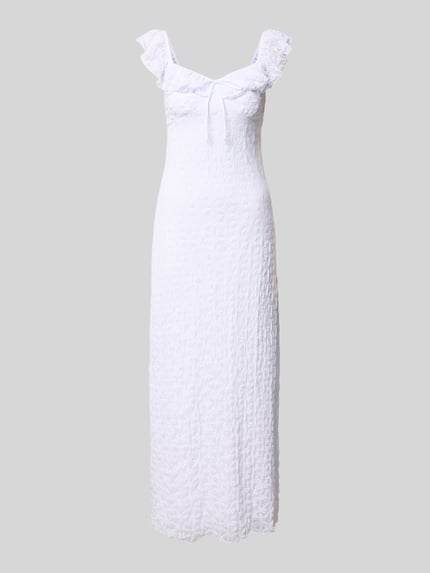 Produktfoto, wit Midikleid mit Spitze und Schleifen-Detail van Gina Tricot, materiaalmix met stretch, nauwsluitend model, hartvormige hals, volants, ruglengte maat S 117 cm, borstwijdte maat S 32 cm